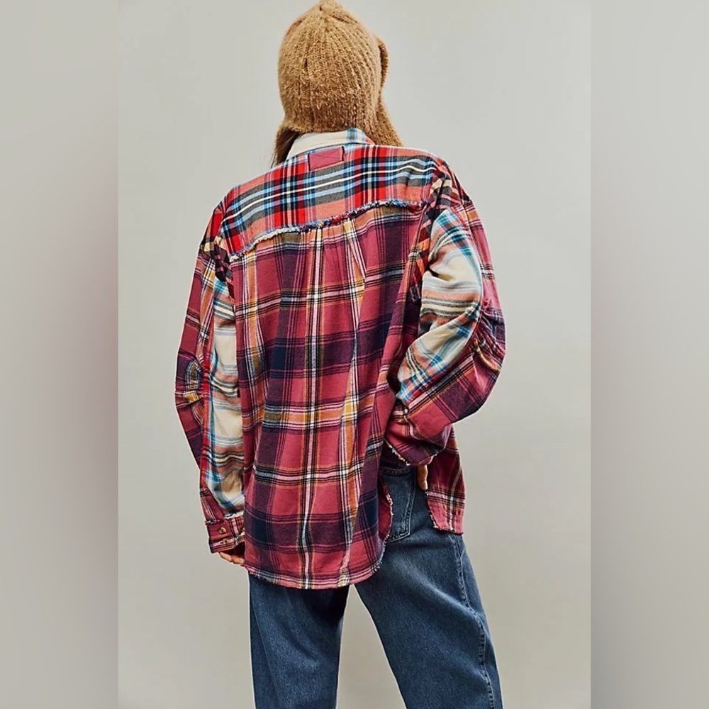 Free People We the Free Patched Up Plaid Cotton Shirt Oversized Grunge Pink XS - Picture 2 of 16